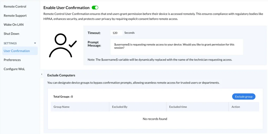 Remote access user conformation prompt settings.