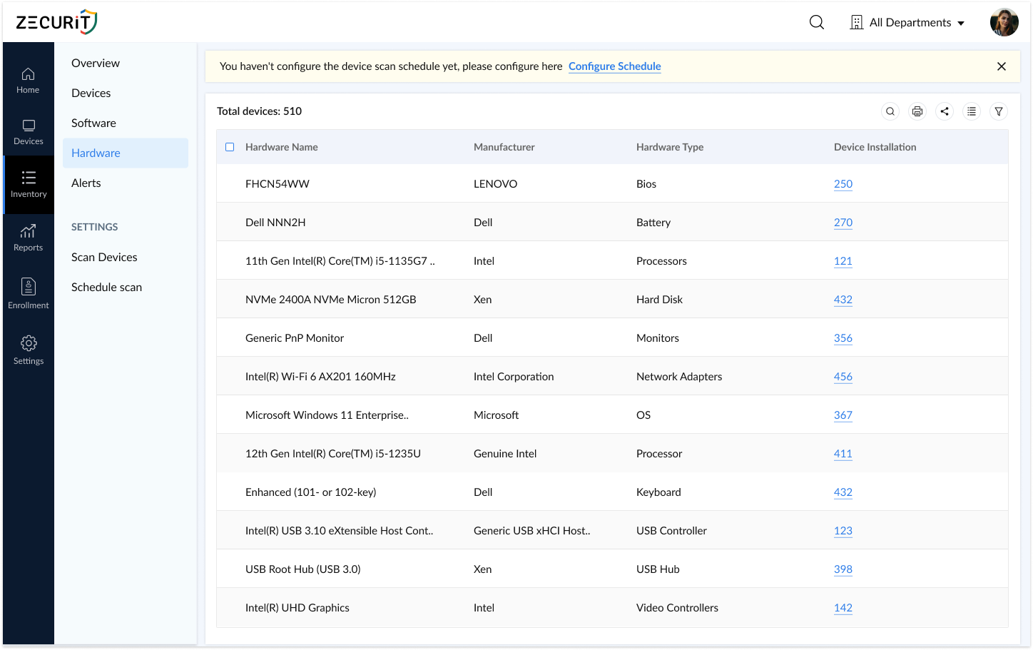 Zecurit Hardware Inventory Management Page.
