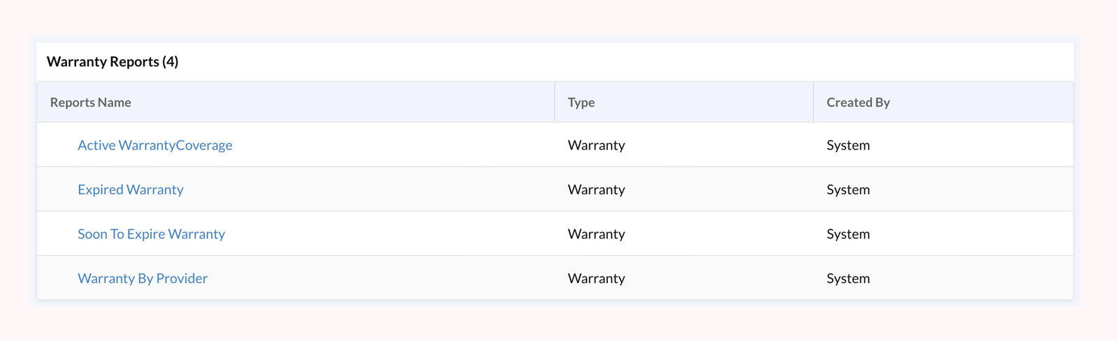 Warranty management reports list showing active warranty coverage, expired warranty, soon to expire warranty and warranty by provider, with report name, type and created by columns.