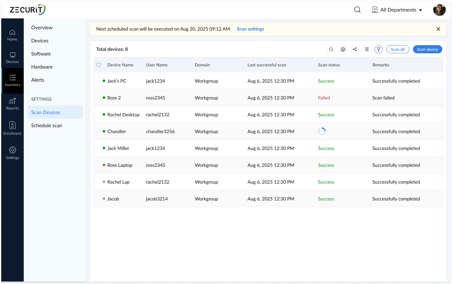 Zecurit on demand inventory scan page displaying asset scanning devices and groups for instant asset discovery