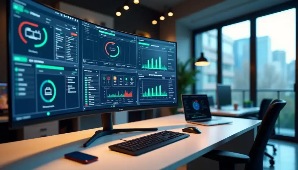 Remote monitoring and management dashboard displaying device performance and status metrics in modern office.