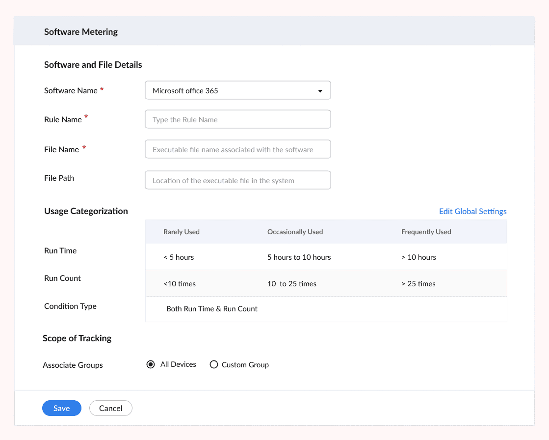 Software Metering configuration screen in Zecurit IT asset management showing detailed rule setup and usage categorization.