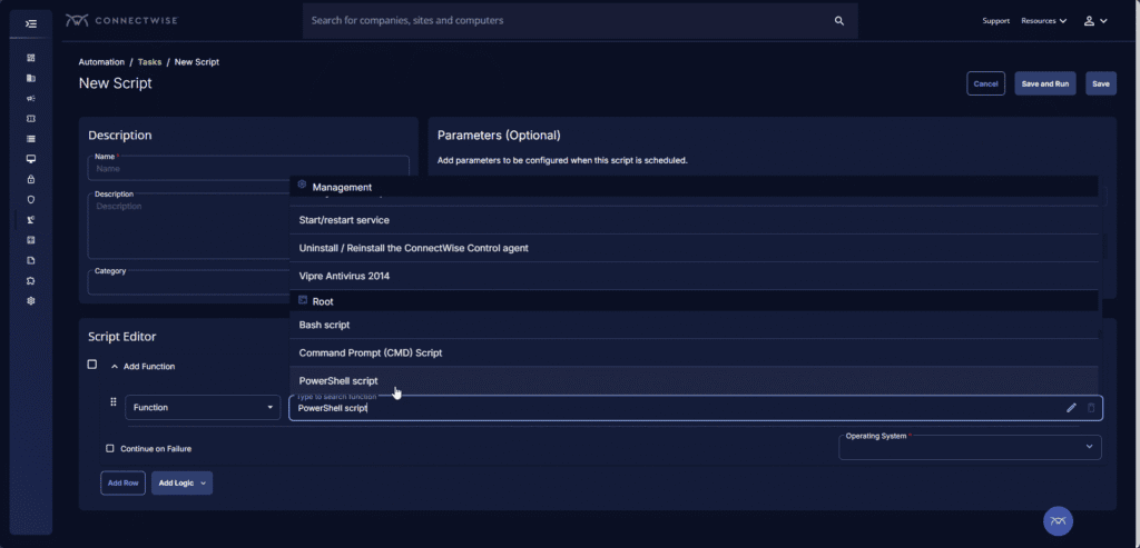 ConnectWise Automate advanced scripting editor showing conditional logic and database query capabilities for enterprise automation workflows
