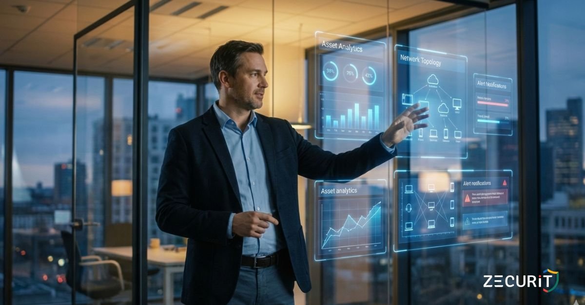 Primary (Best for SEO): CIO analyzing AI-powered IT asset management dashboard with holographic interface showing predictive maintenance alerts and network topology in modern office.