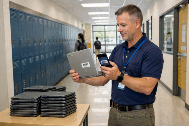 IT administrator scanning a Chromebook barcode with a mobile app in a school hallway