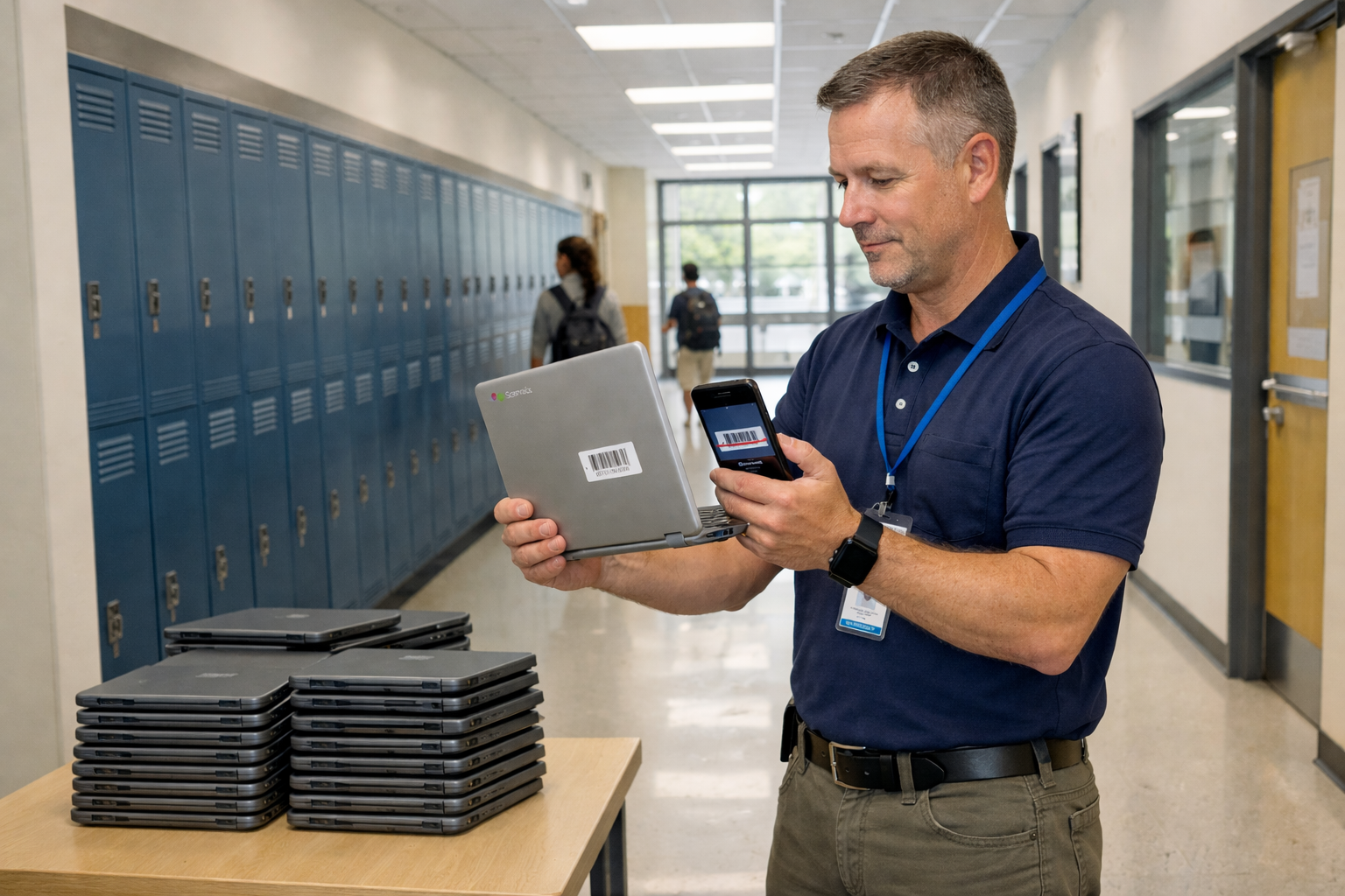IT administrator scanning a Chromebook barcode with a mobile app in a school hallway