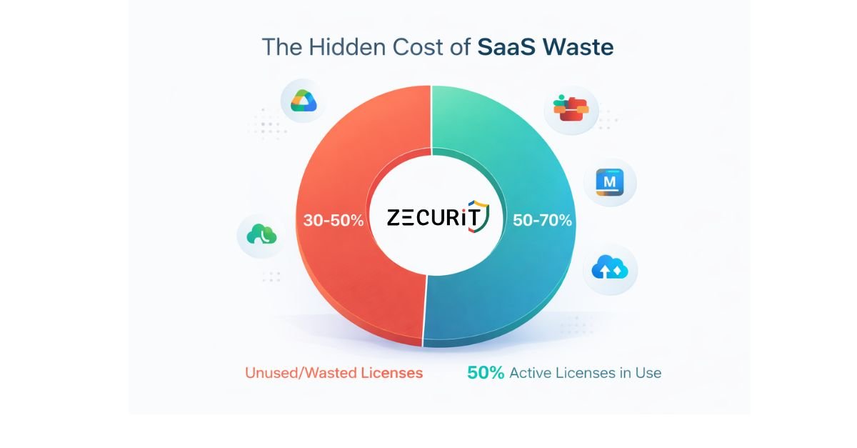 Chart showing 30-50% of SaaS licenses go unused in typical organizations