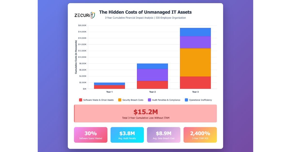 Chart showing the financial impact of unmanaged IT assets across a 3-year period, illustrating $15M in cumulative losses