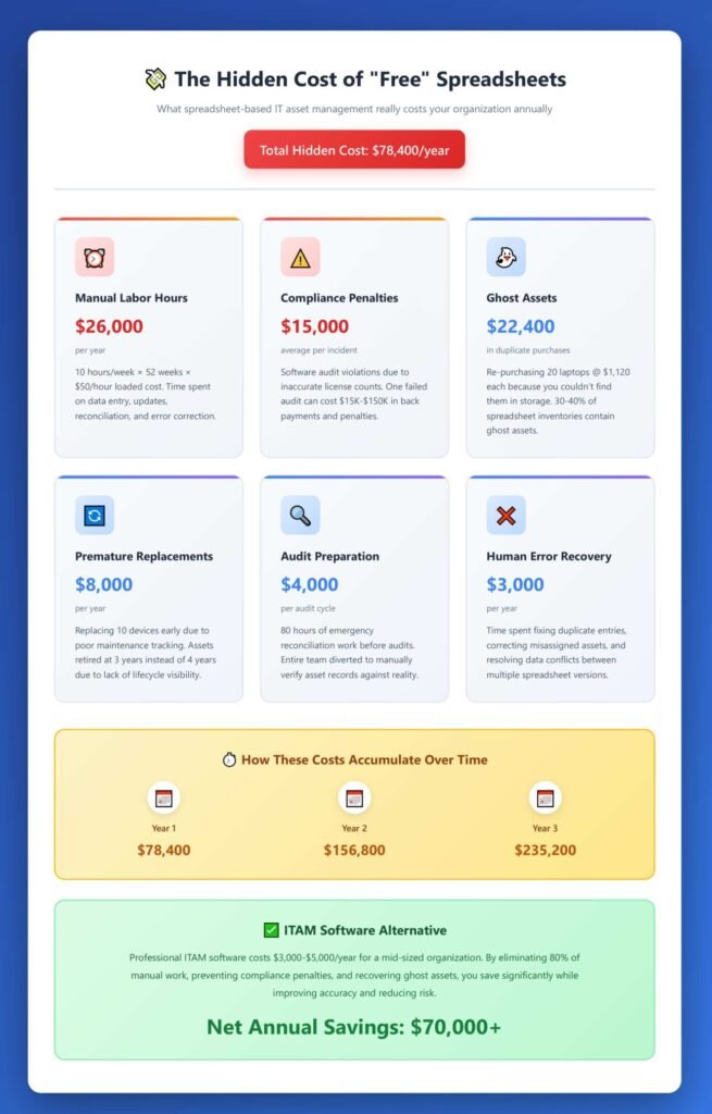 Infographic displaying the hidden costs of spreadsheet-based IT asset management including labor hours and compliance penalties
