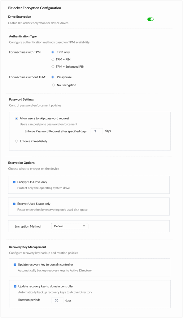 Windows BitLocker encryption policy configuration screen showing drive encryption enabled, TPM authentication (TPM-only or TPM+PIN options), passphrase for non-TPM devices, password enforcement delay, OS drive and used-space encryption, and recovery key backup/rotation to Active Directory.