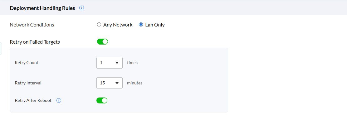 Zecurit deployment handling rules with LAN-only network conditions and automatic retry settings