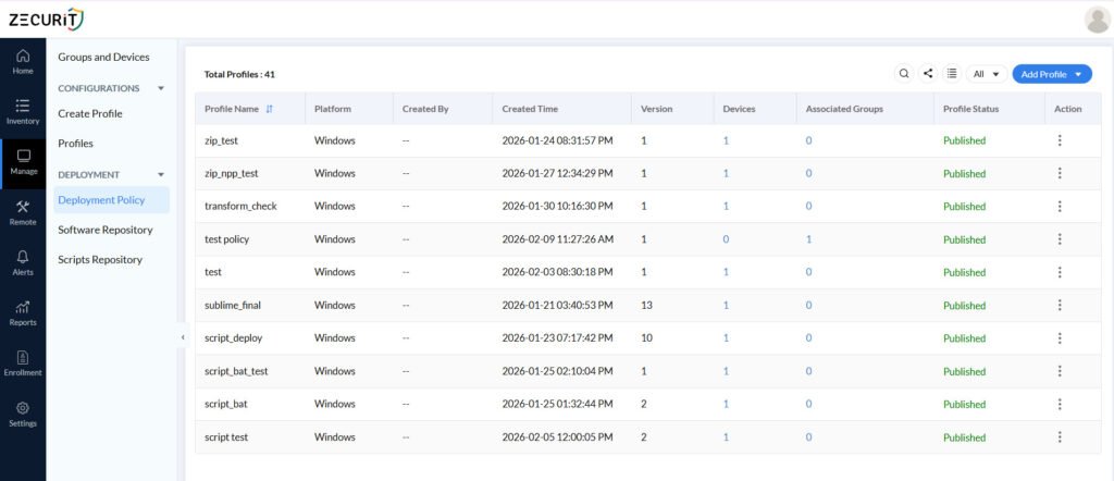 Zecurit deployment script dashboard managing Windows automation profiles with version tracking