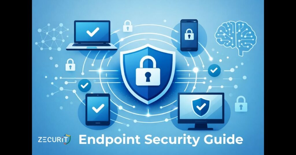 Diagram showing endpoint security protecting multiple connected devices including laptops, smartphones, and tablets across a business network with centralized AI-powered threat detection