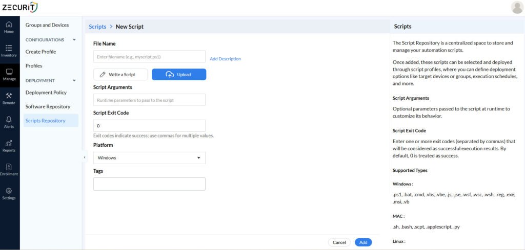 Zecurit add script interface for creating and uploading automation scripts with platform configuration