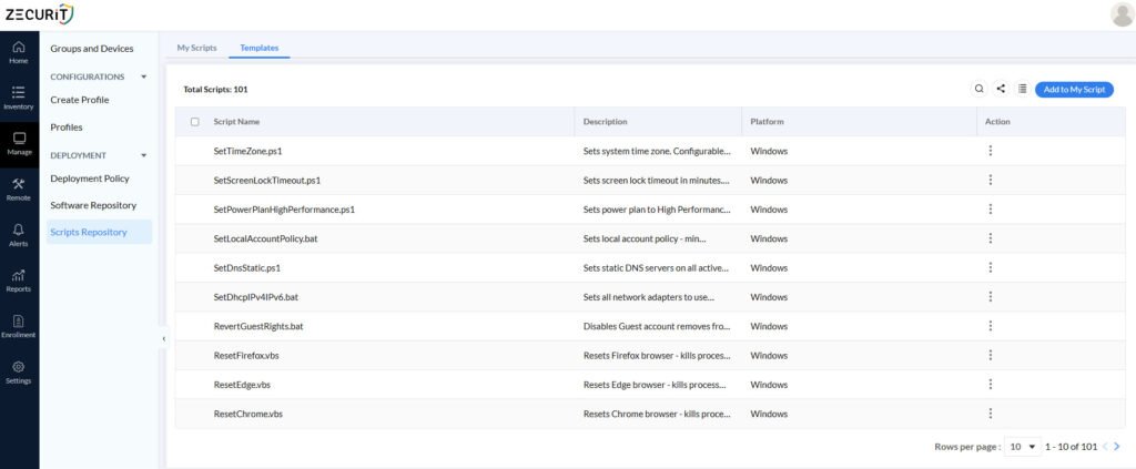 Zecurit script templates library with pre-built Windows automation scripts for IT management