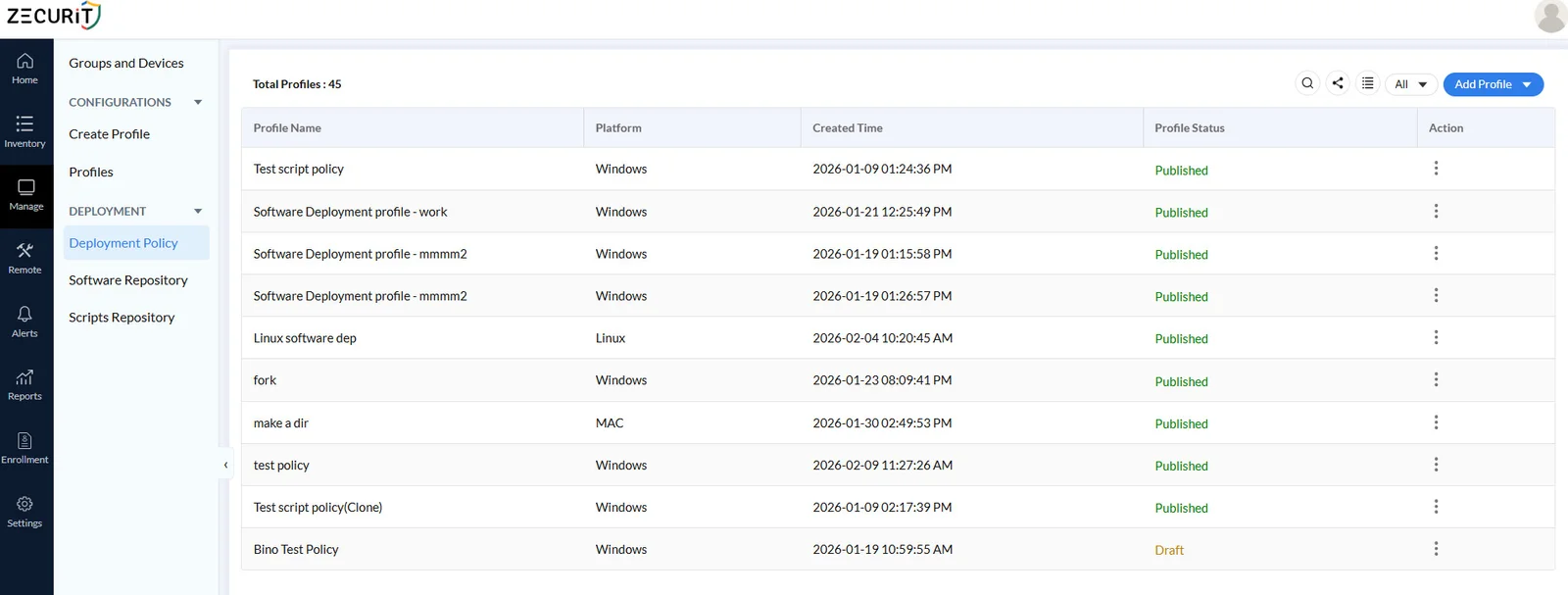 Zecurit Deployment Policy dashboard displaying published and draft software deployment profiles for Windows, Linux, and Mac platforms with profile name, creation time, and status columns
