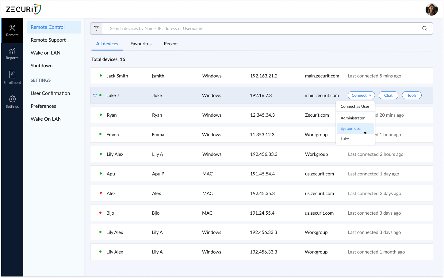 Screenshot of Zecurit Remote Access web console dashboard displaying a table of online devices with columns for Wake on LAN, device name, user, OS, IP address, connection time, and actions like Connect and Upload; shows Windows and Mac endpoints connected via Zecurit server.