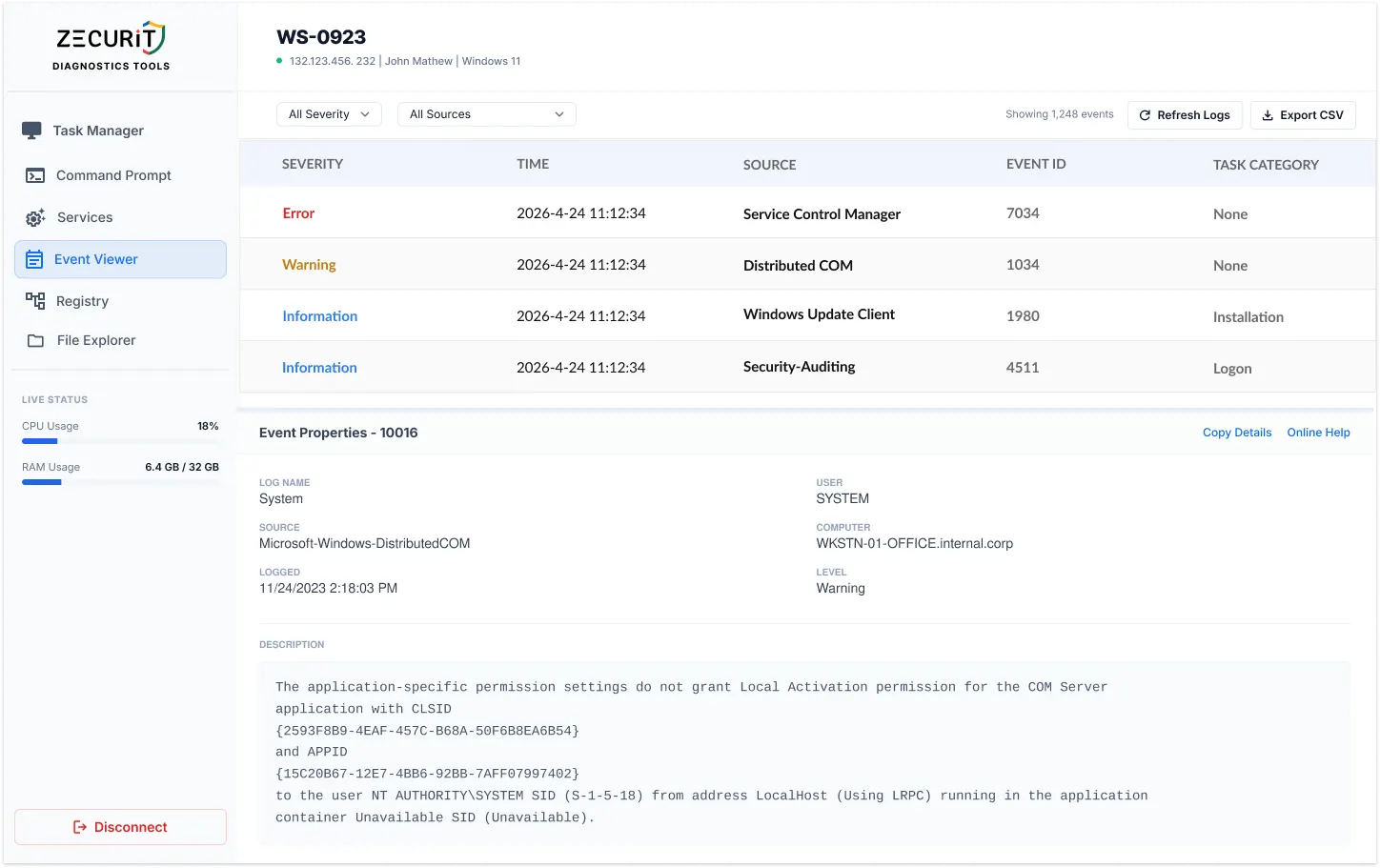 Zecurit remote event viewer console showing Windows System log with severity filter, Event ID search, and log entries for a remote Windows 11 endpoint