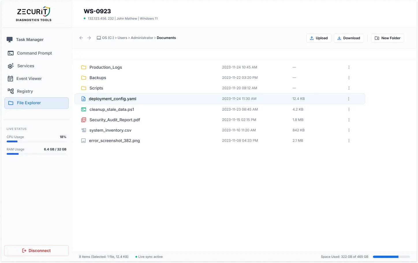 Zecurit remote file manager showing Windows file explorer interface with breadcrumb navigation, file list, and upload download controls on a remote Windows 11 endpoint