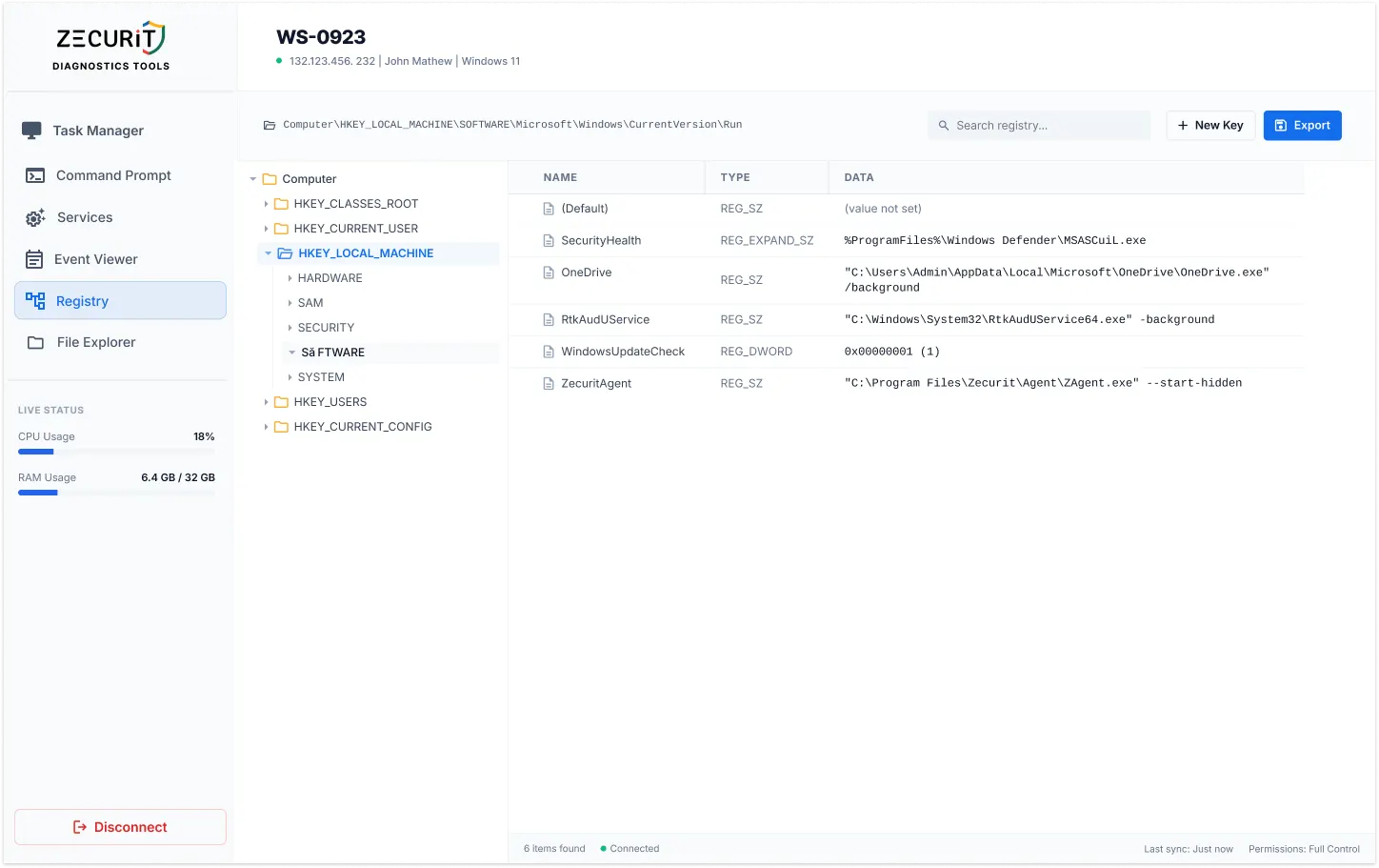 Zecurit remote registry editor showing HKEY_LOCAL_MACHINE hive navigation with registry value list and edit dialog on a remote Windows endpoint