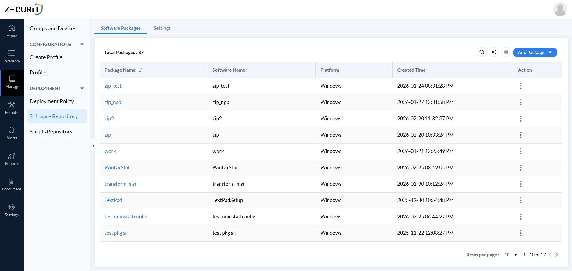 Zecurit Software Repository dashboard showing 26 software packages including 7-Zip, Notepad++, Firefox, and Sublime across Windows and MAC platforms for enterprise endpoint deployment