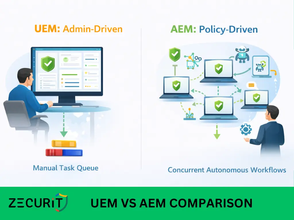 Side-by-side comparison of traditional UEM requiring administrator action versus autonomous endpoint management executing self-healing and remediation automatically based on policy