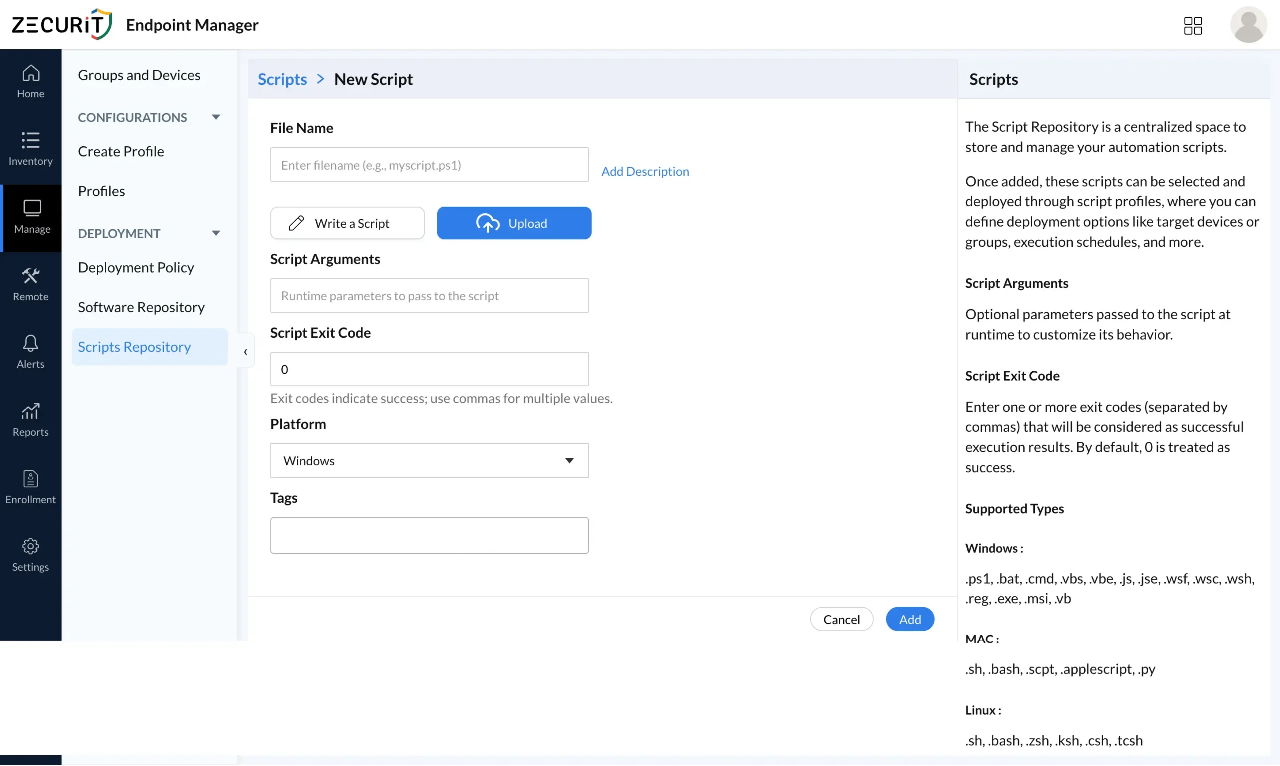 Zecurit Endpoint Manager New Script form showing file name, script arguments, exit code, platform selector, and tags fields for bulk script deployment