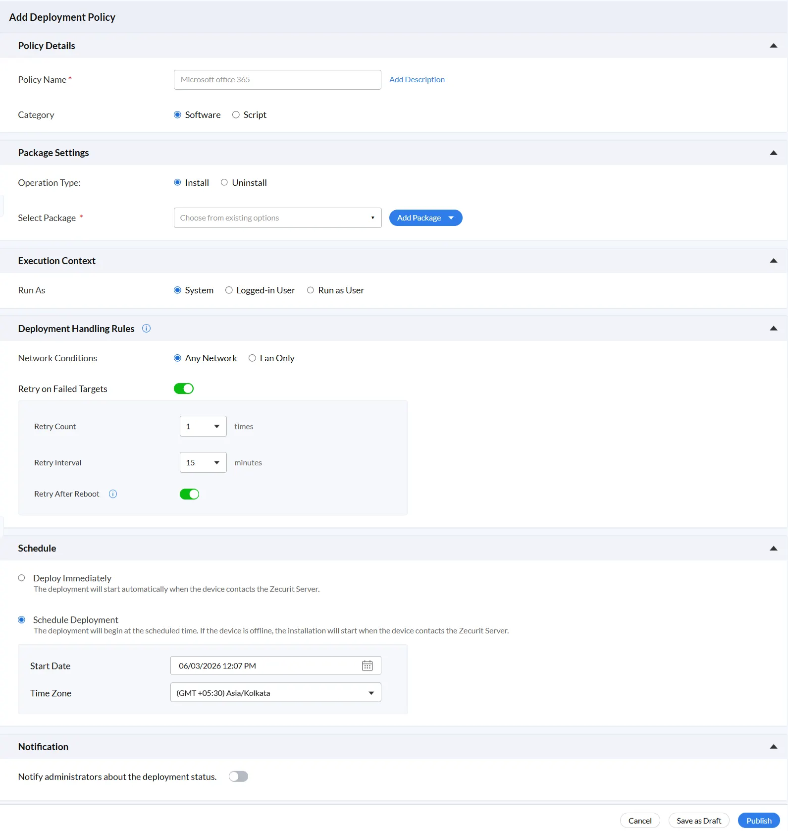 Zecurit Add Deployment Policy form configured for Microsoft Office 365 software installation, with system execution context, any-network condition, retry on failed targets enabled, and scheduled deployment set for a future date in Asia/Kolkata timezone