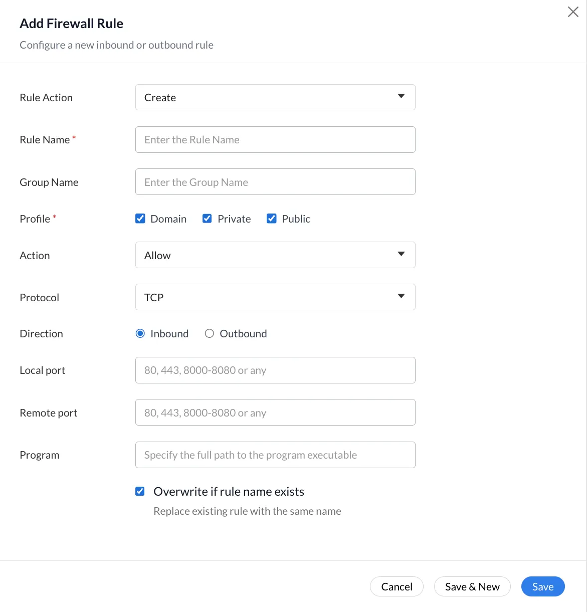 Zecurit Endpoint Manager Add Firewall Rule dialog showing configuration fields for centralized firewall rule deployment including rule name, network profile, protocol, direction, and port ranges.
