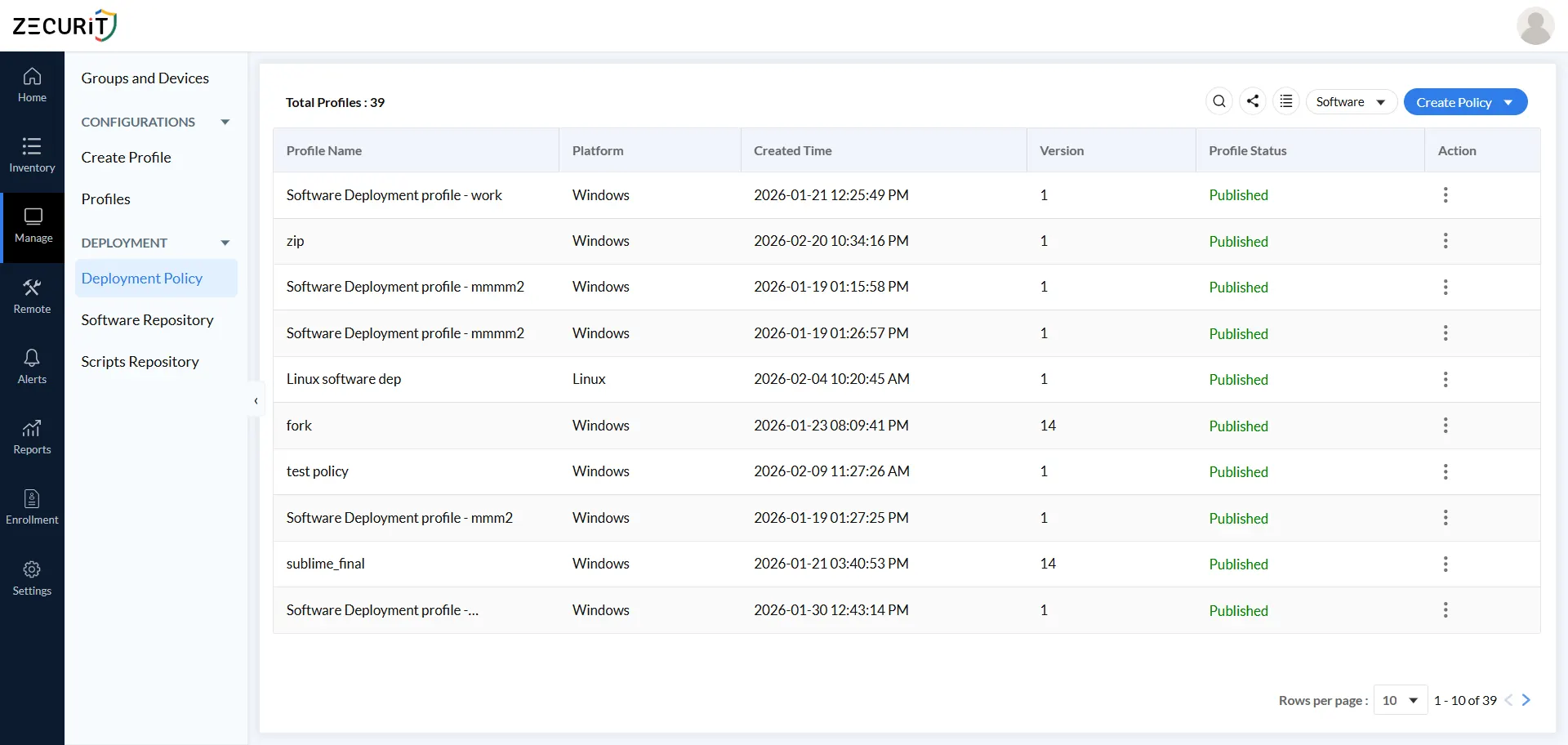 Zecurit Deployment Policy dashboard showing 39 published deployment profiles for Windows and Linux, with version control and centralized policy management for large scale endpoint software deployment