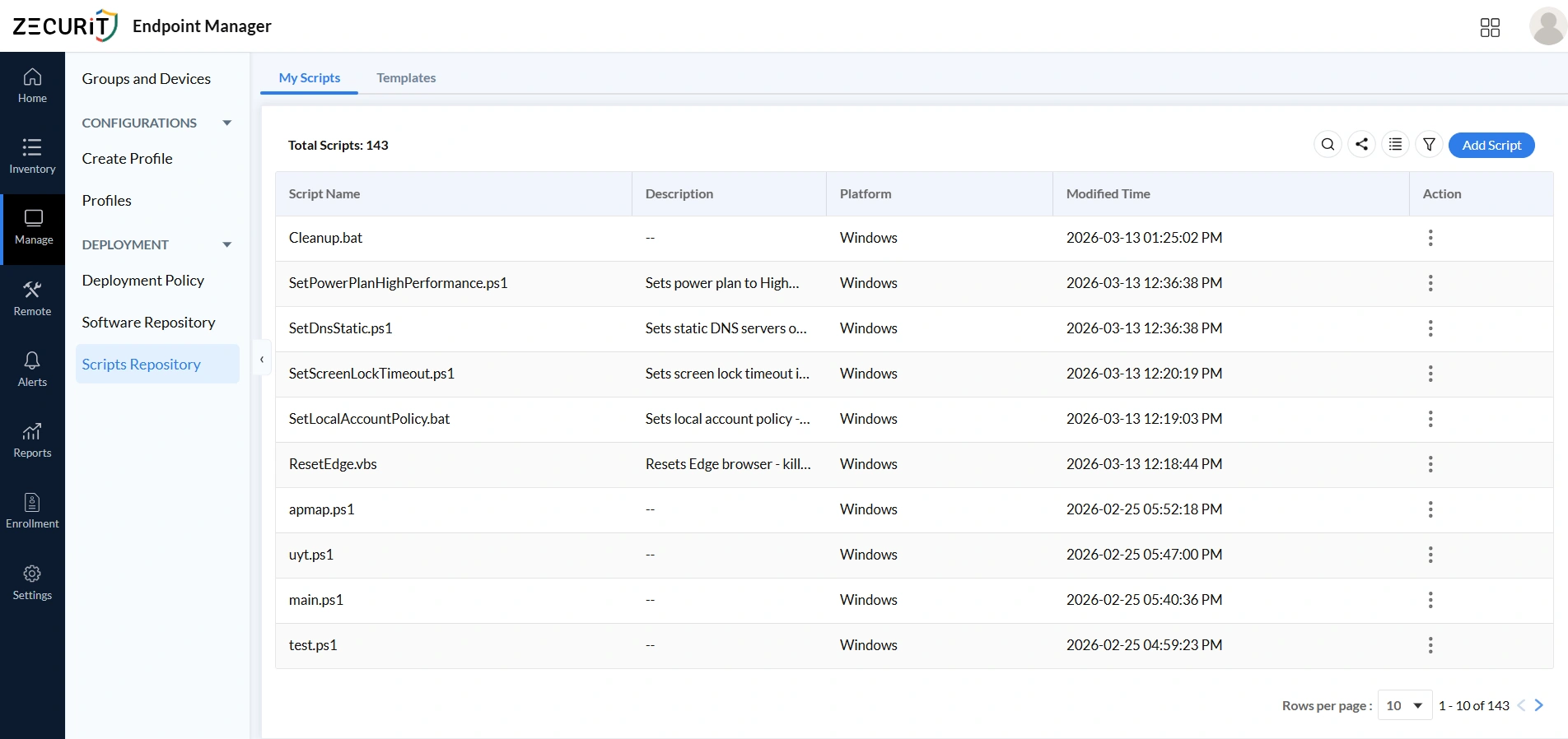 Endpoint Manager Scripts Repository showing a centralized list of scripts with names, descriptions, platform, and modified time to support secure and controlled script execution.