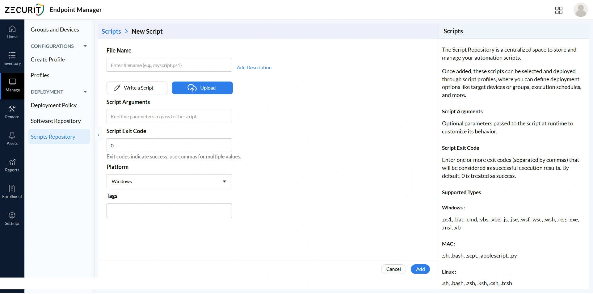 Endpoint Manager New Script screen showing file name input, script upload or write options, arguments, exit code, platform selection, and settings for remote script execution.