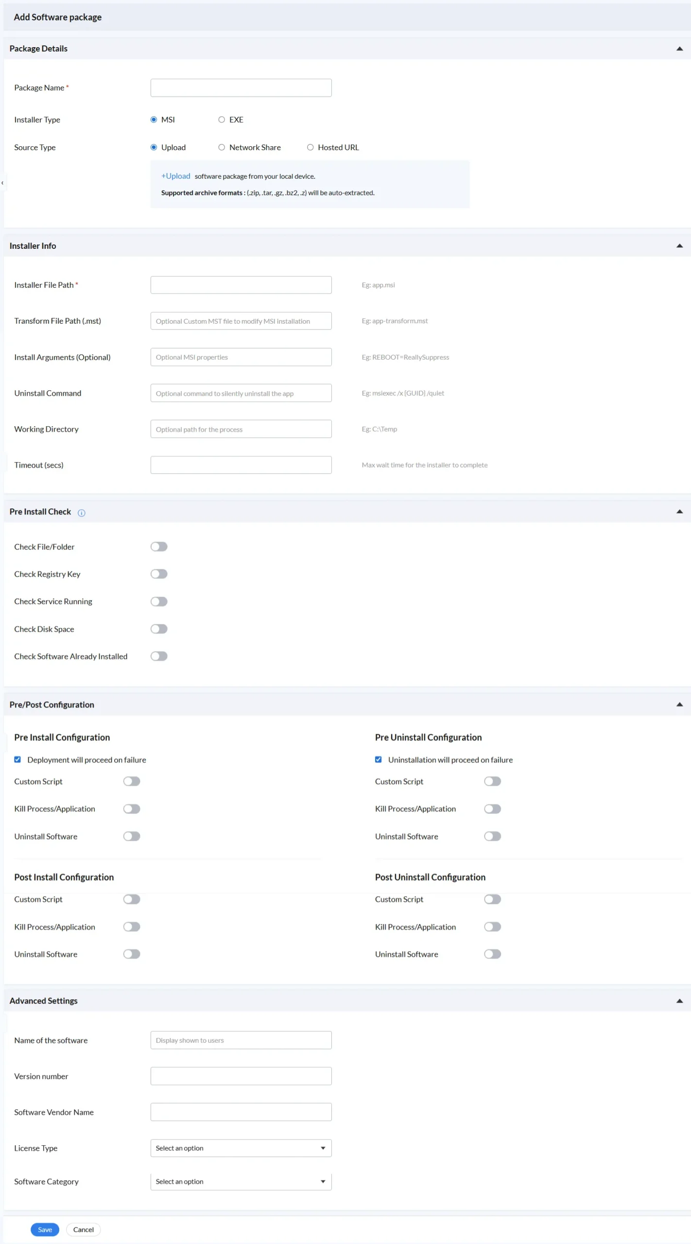 Add Software Package form showing MSI installer with upload source type. Includes Pre Install checks, Pre/Post configuration options, and Advanced Settings for software metadata
