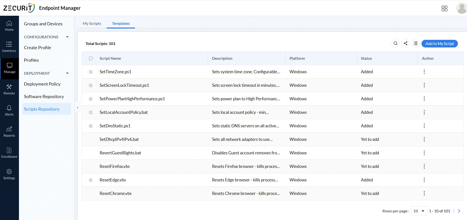 Zecurit Endpoint Manager shows script repository with names, descriptions, platform, and status, enabling admins to add and manage scripts for bulk deployment.