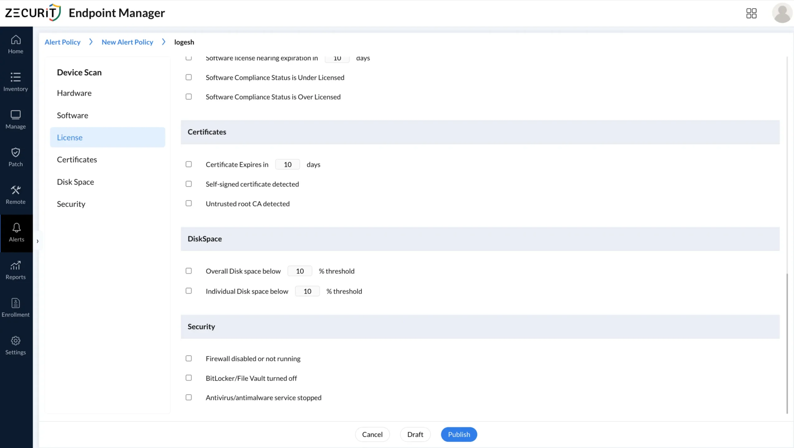 Alert policy settings screen in Zecurit Endpoint Manager showing license, certificate, disk space, and security alert options with configurable thresholds and checkboxes.
