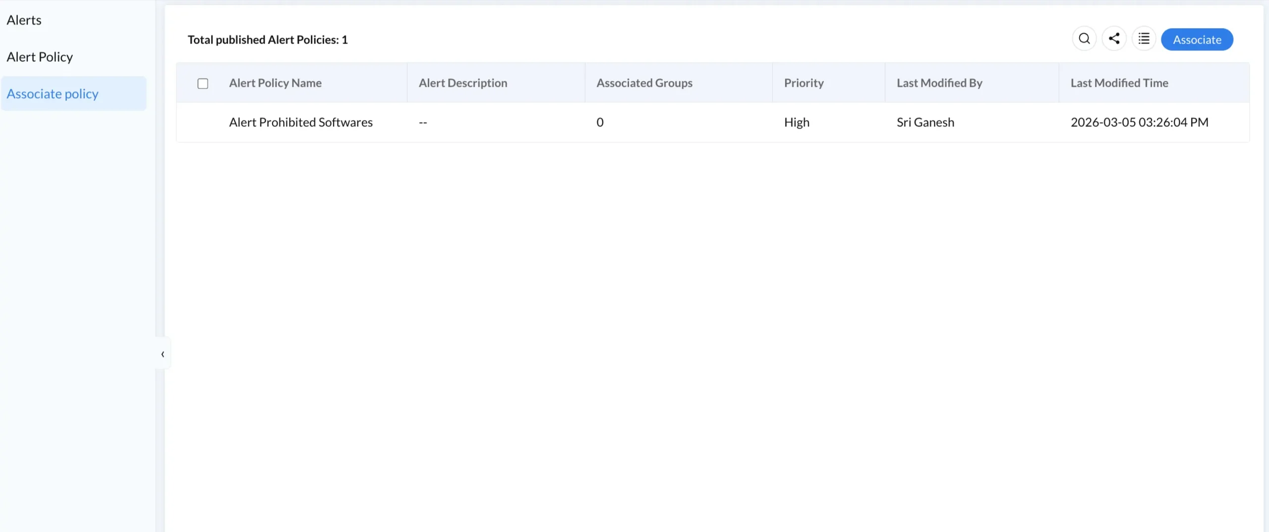 Zecurit Associate Policy screen showing alert policies assigned to managed device groups for scalable endpoint compliance.