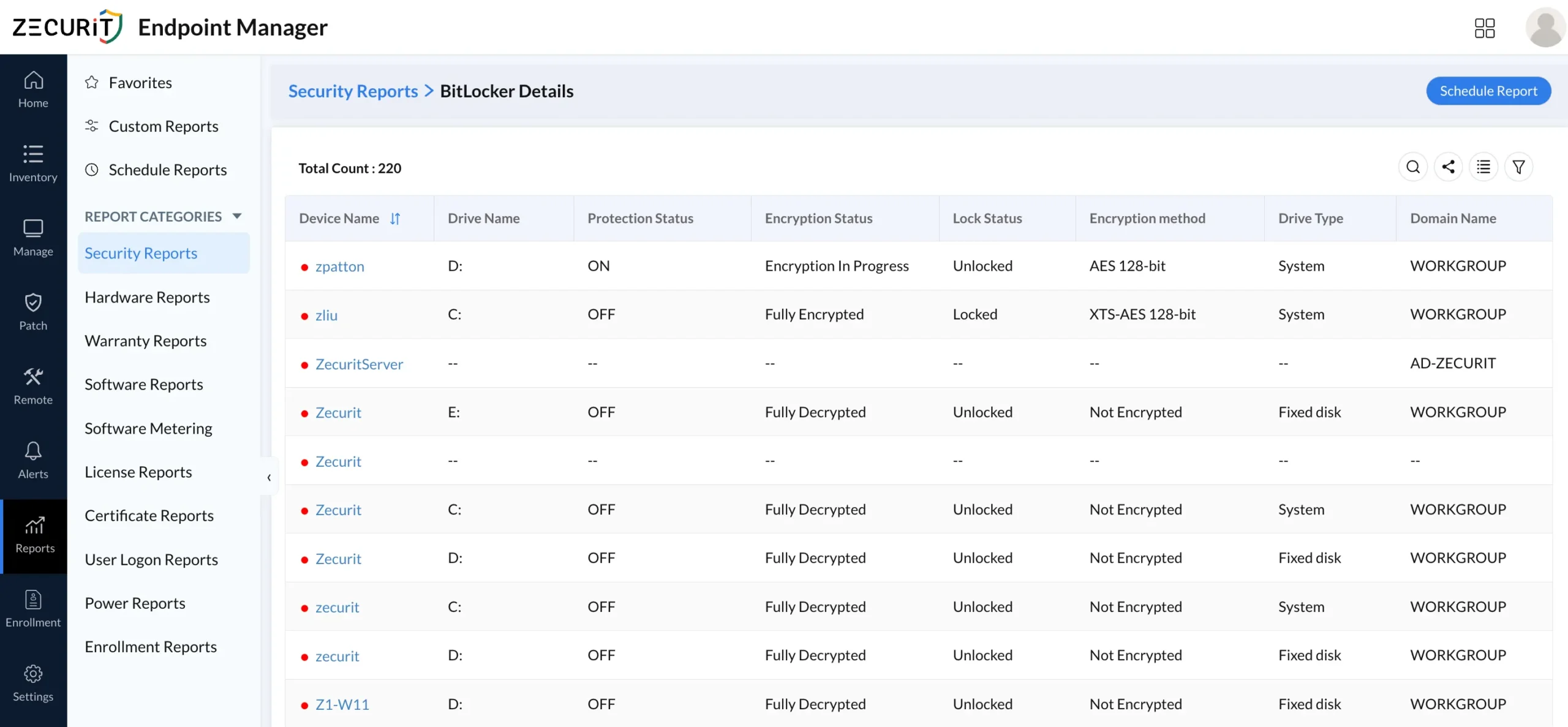 Zecurit BitLocker Details report showing encryption and protection status across 220 managed devices