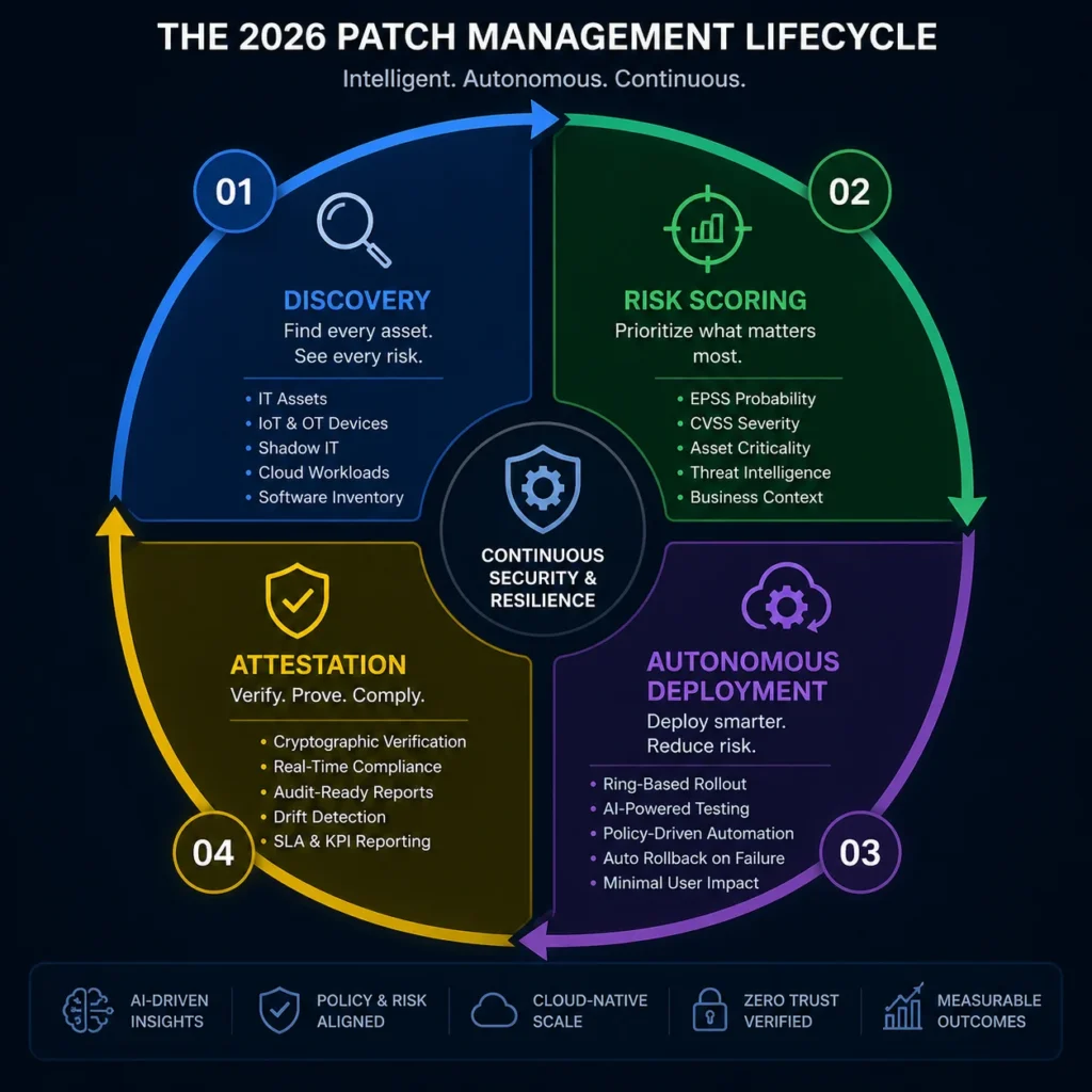 The 2026 Patch Management Lifecycle diagram: a circular four-phase flow showing Discovery (with IoT, shadow IT, cloud workloads), Risk Scoring (EPSS + asset criticality), Autonomous Deployment (ring-based rollout with AI testing), and Attestation (cryptographic verification and compliance reporting)