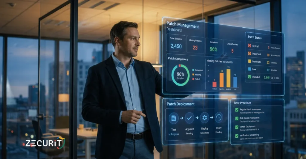 A futuristic SecOps dashboard showing real-time vulnerability heat maps and autonomous patch deployment status across a global endpoint fleet