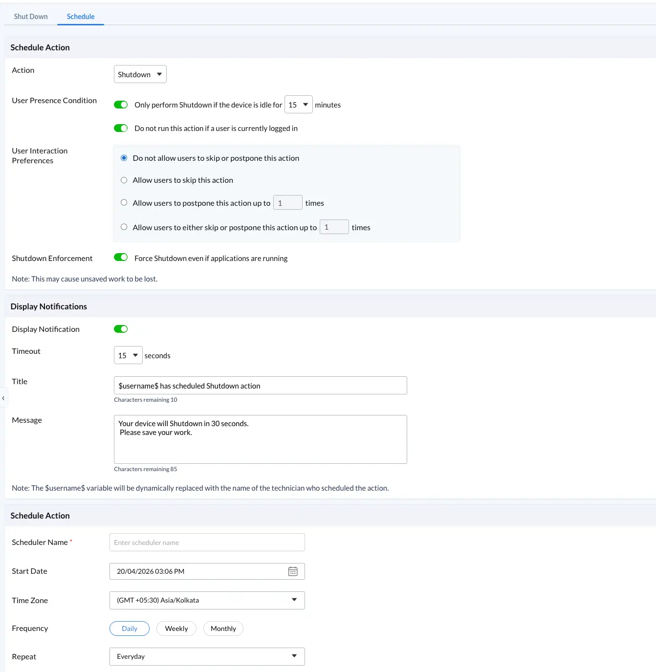 Zecurit Endpoint Manager Shutdown Schedule panel showing user presence detection, notification settings, and daily, weekly, or monthly frequency scheduling with time zone support.