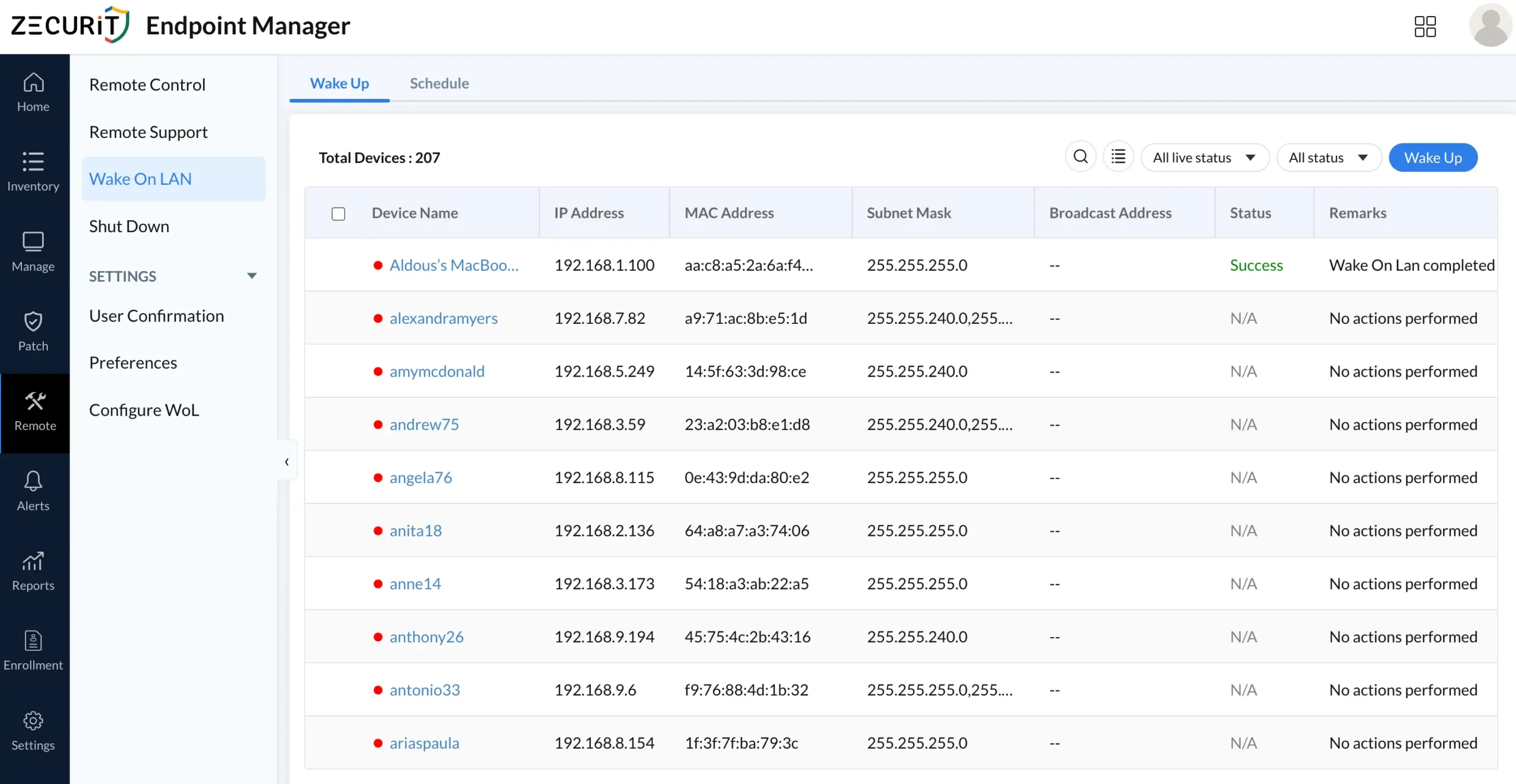 Zecurit Wake on LAN panel showing enrolled devices with MAC addresses and action status