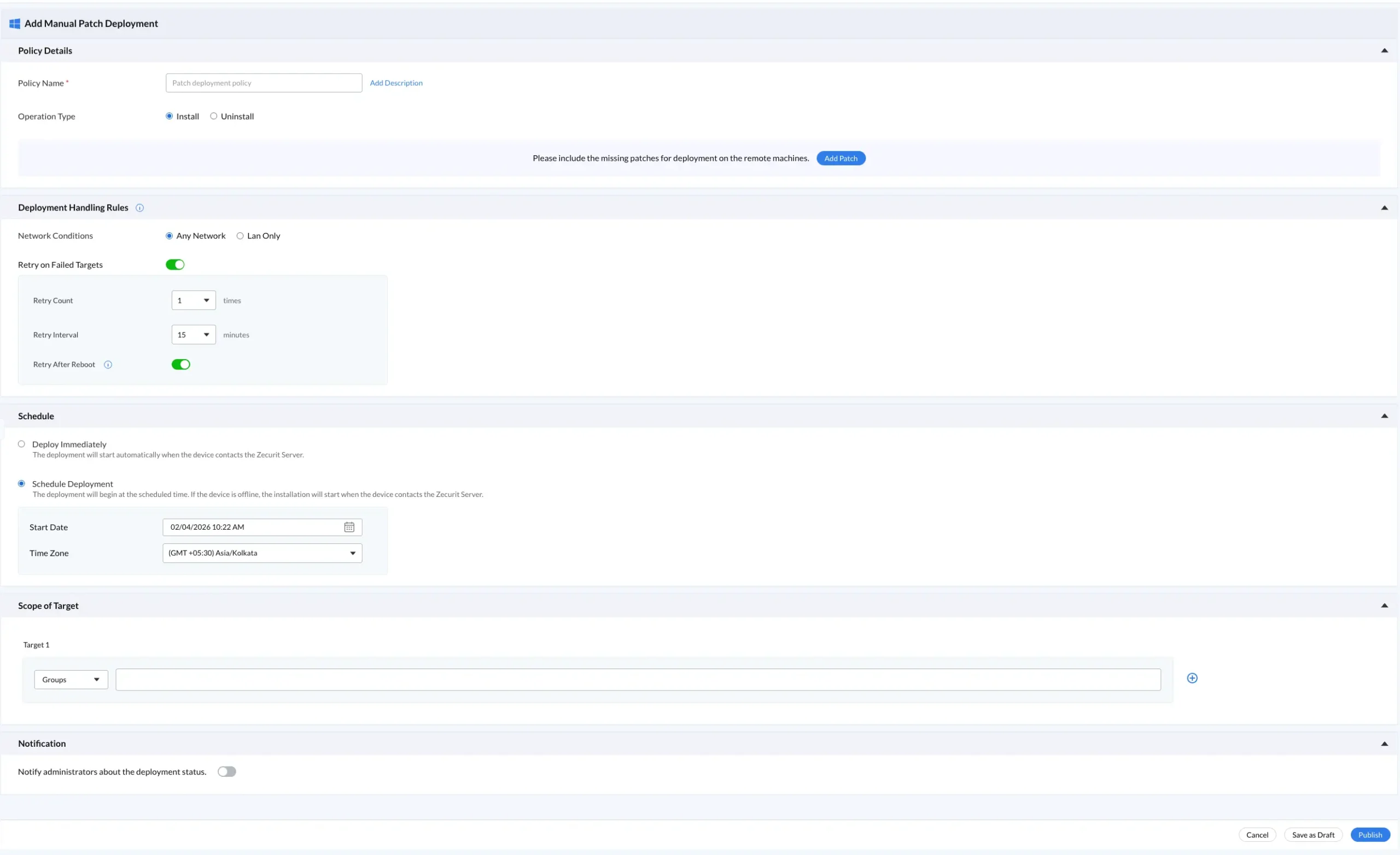 Manual deployment policy builder with maintenance window scheduling and retry configuration