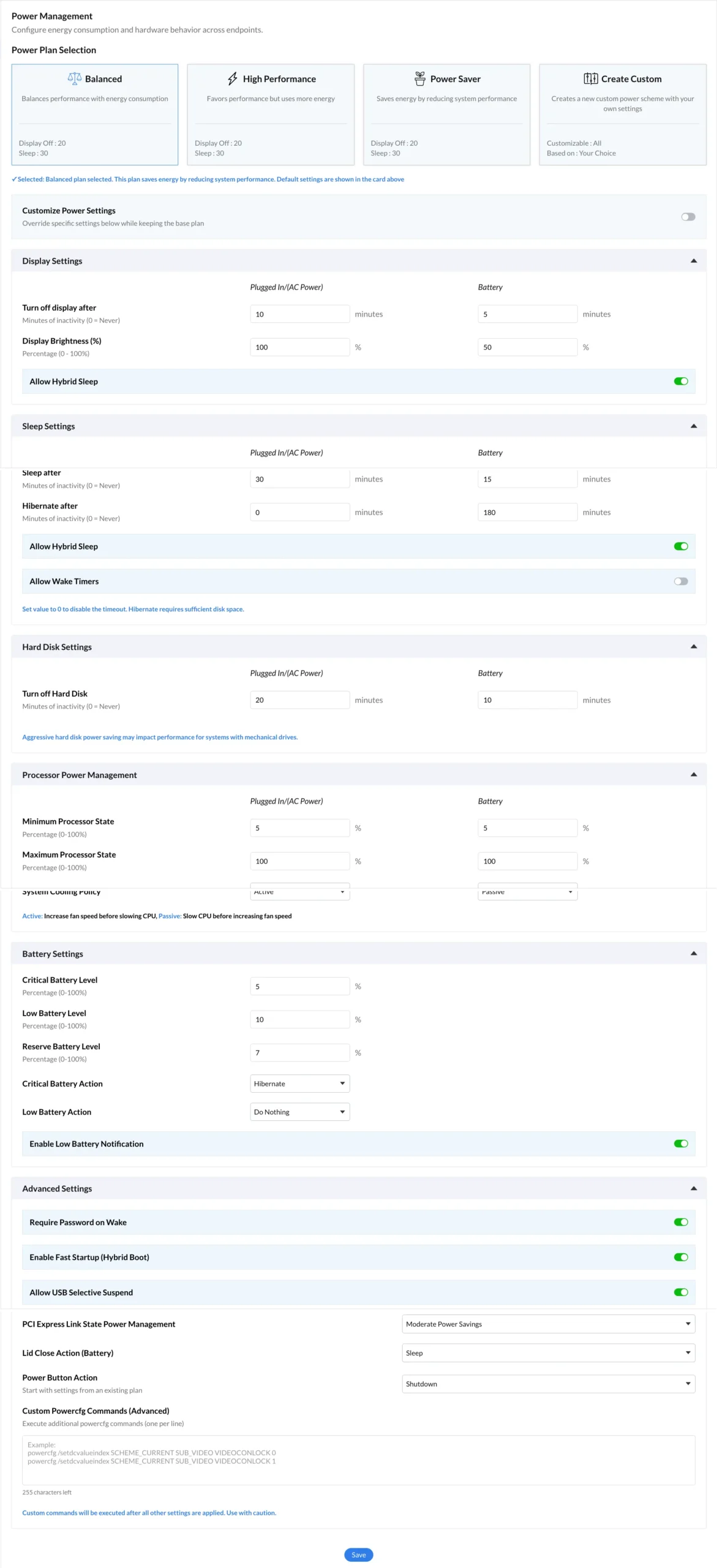 Zecurit Profile Power Management configuration showing power plan options and display sleep settings