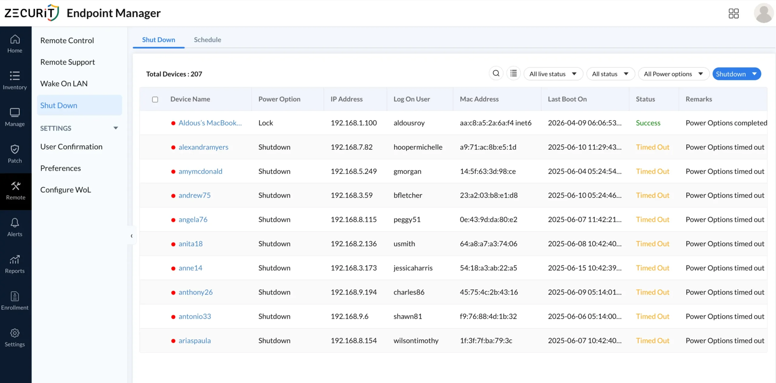 Zecurit Endpoint Manager remote shutdown panel showing device list with power action status