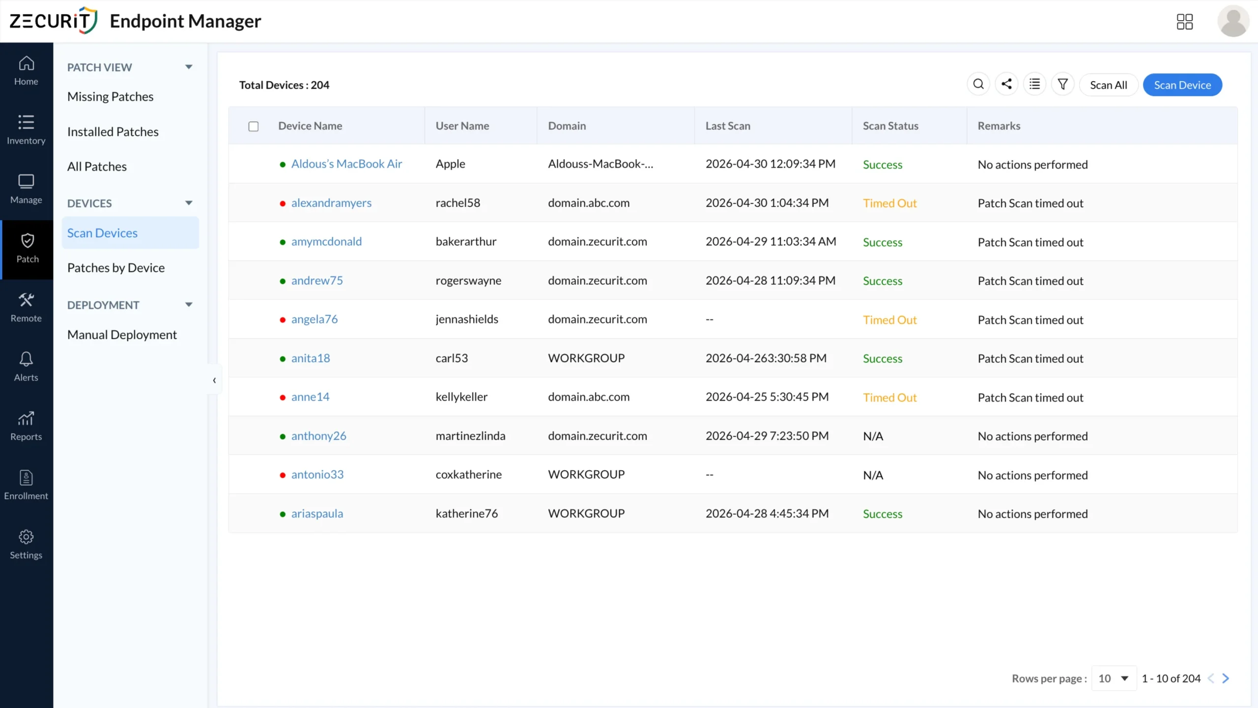 Scan devices view showing 100+ devices with last scan timestamp and success or timed-out status