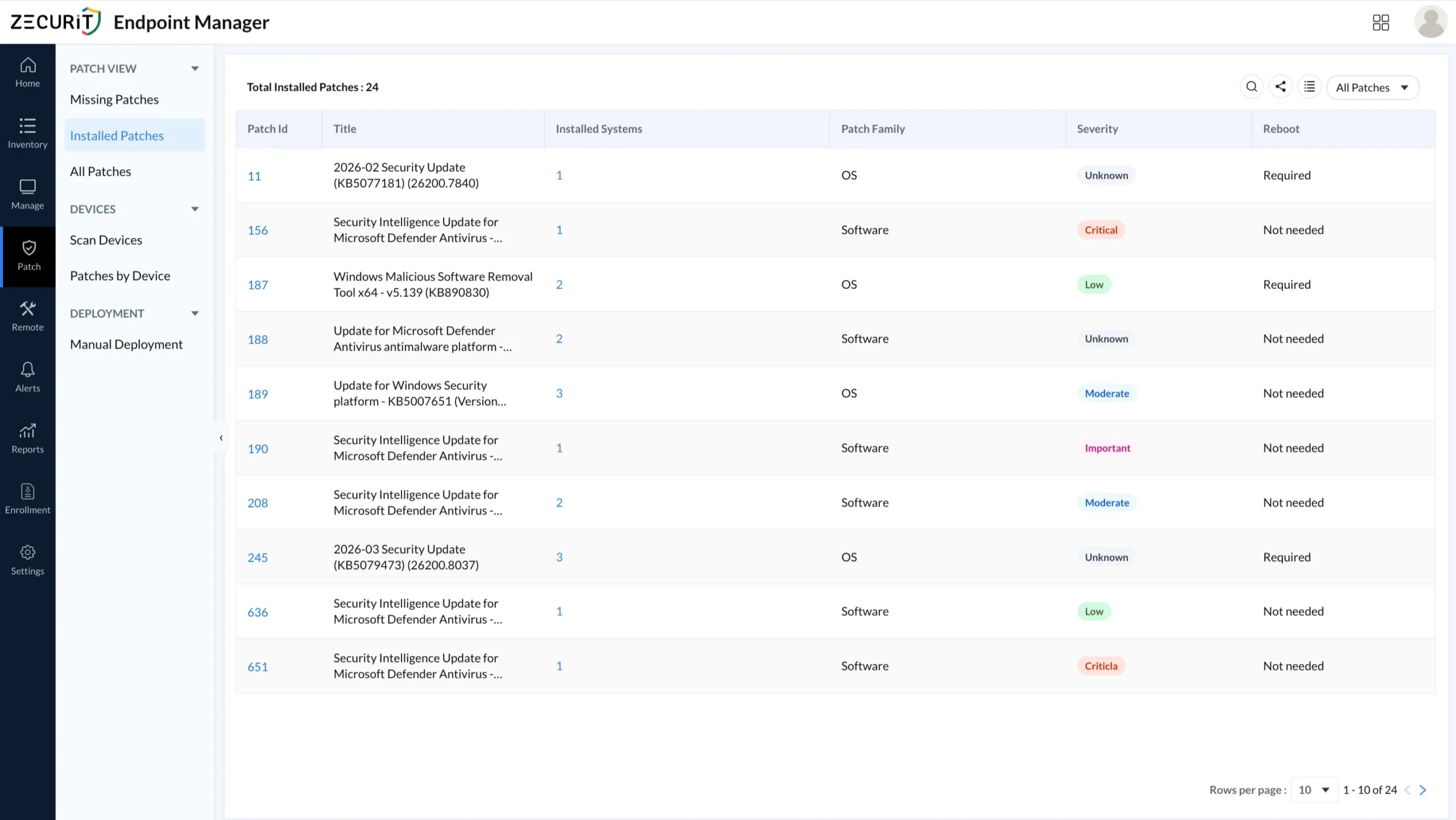 All patches view in centralized Windows update policy enforcement tool with severity and installed systems count
