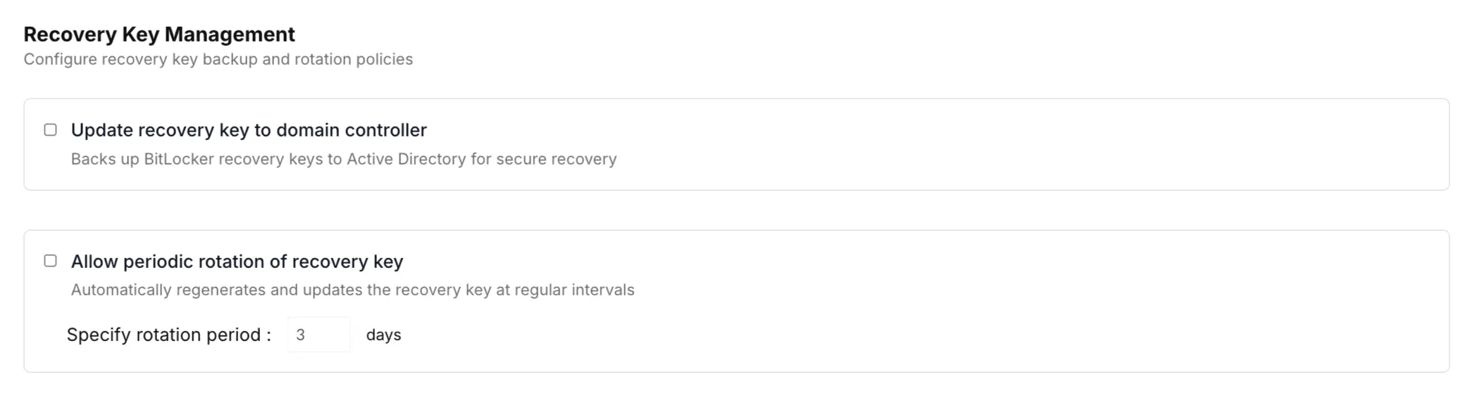 Recovery Key Management settings panel showing unchecked options to update the recovery key to a domain controller and to enable periodic rotation, set to 3 days.