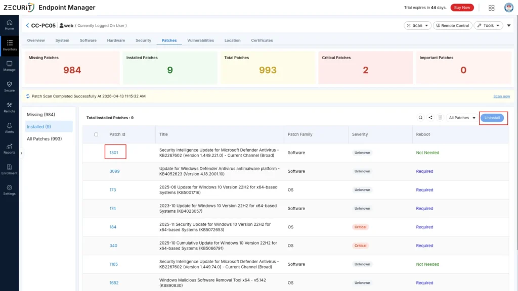 Zecurit Endpoint Manager’s Patches page showing installed patches and the highlighted Uninstall button for rolling back a selected patch.