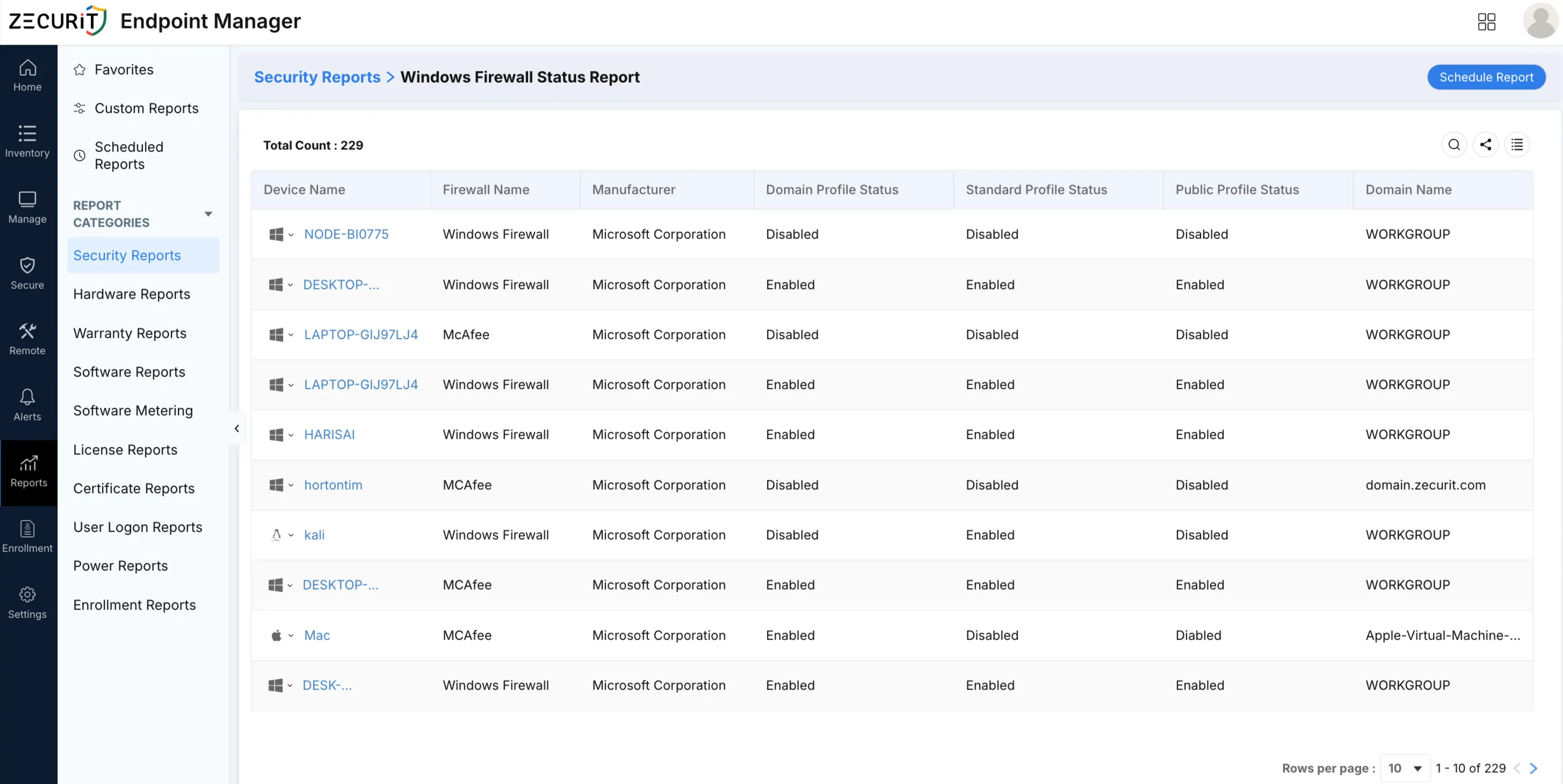 Monitor Windows Firewall status across all endpoints with domain, standard, and public profile details to quickly identify disabled firewalls and improve security.